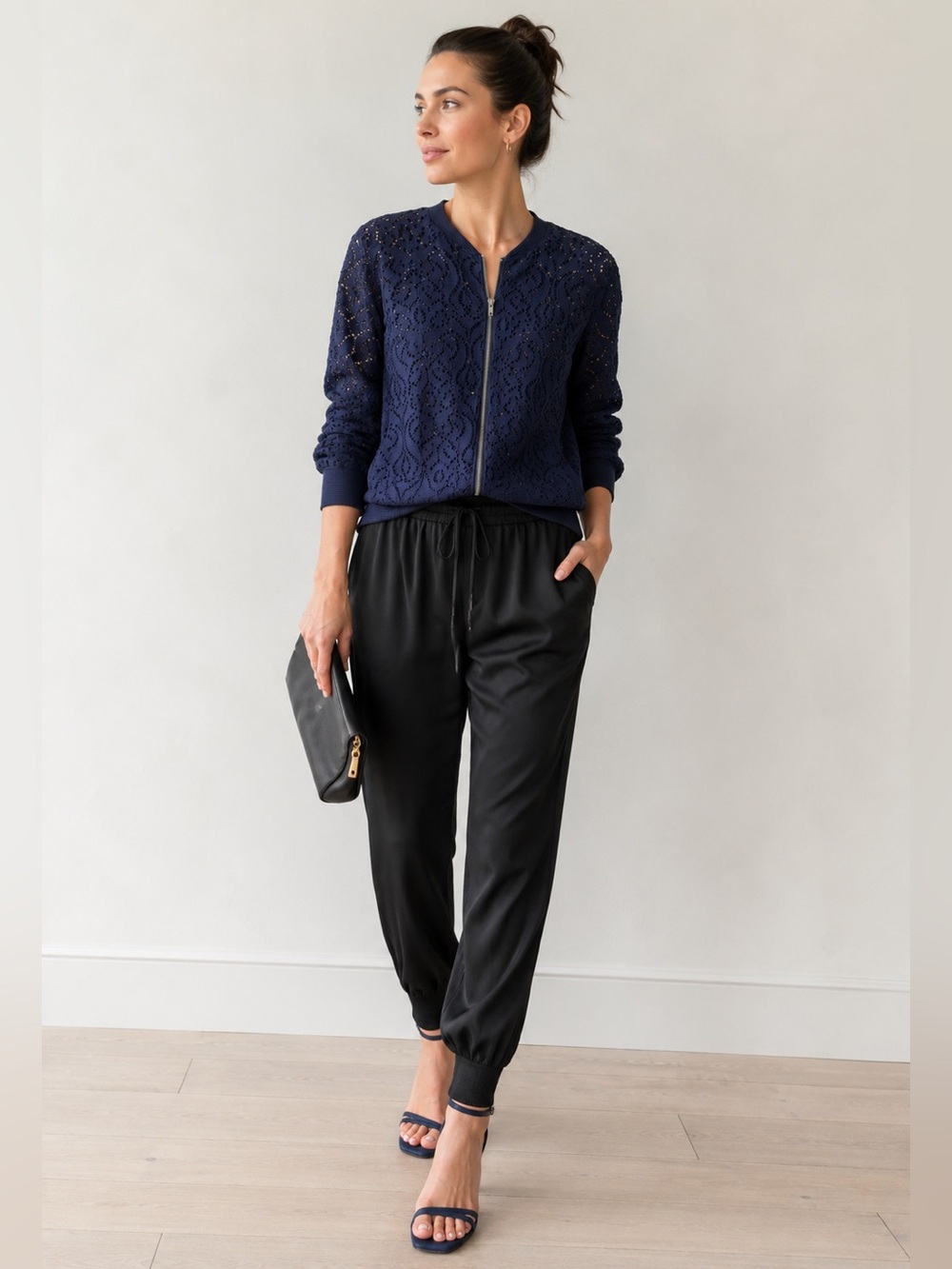 Lola & Sophie Navy Lace Zip-Up Bomber Jacket, size Medium